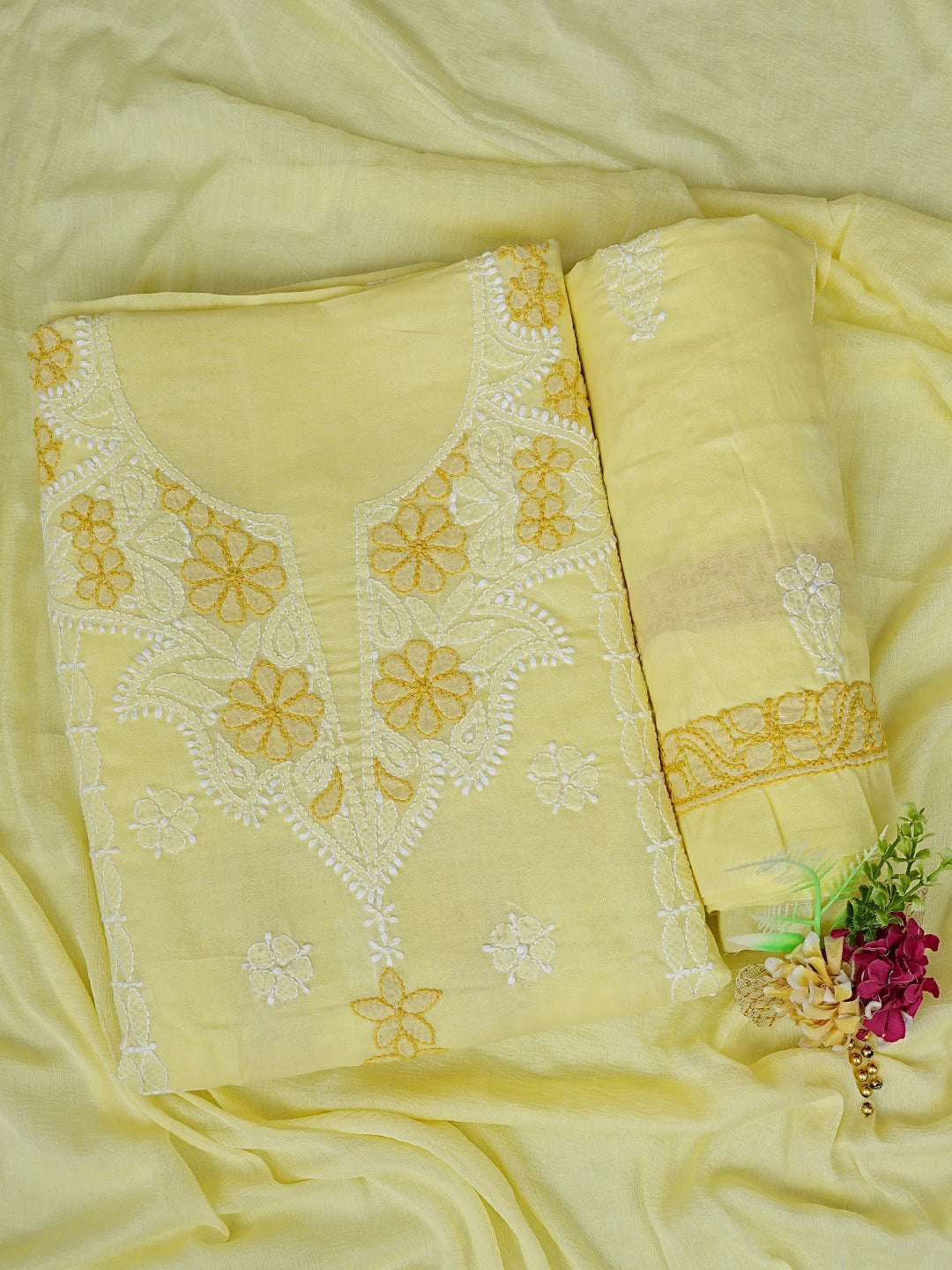 Ada Hand Embroidered Lemon Cotton Lucknowi Chikankari Unstitched Suit Piece 01A873281