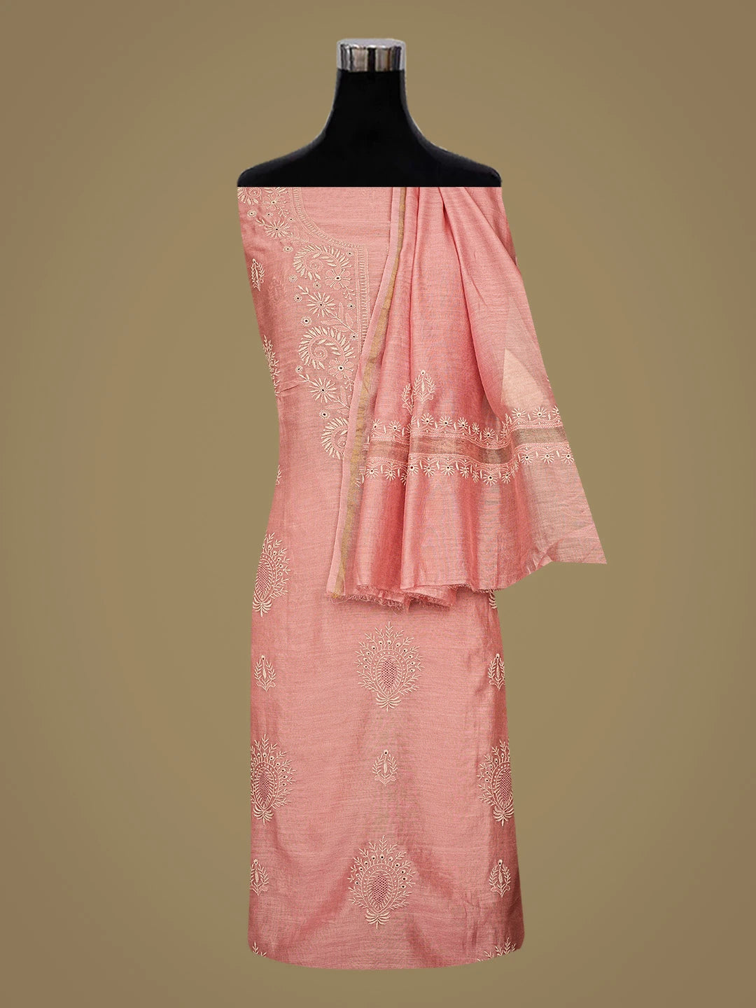 Ada Hand Embroidered Onion Pink Chanderi Lucknowi Chikankari Untitched Kurta Dupatta Set 01A858569