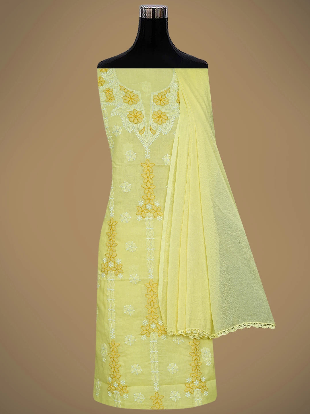 Ada Hand Embroidered Lemon Cotton Lucknowi Chikankari Unstitched Suit Piece 01A873281