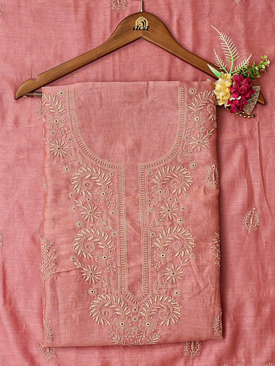 Ada Hand Embroidered Onion Pink Chanderi Lucknowi Chikankari Untitched Kurta Dupatta Set 01A858569