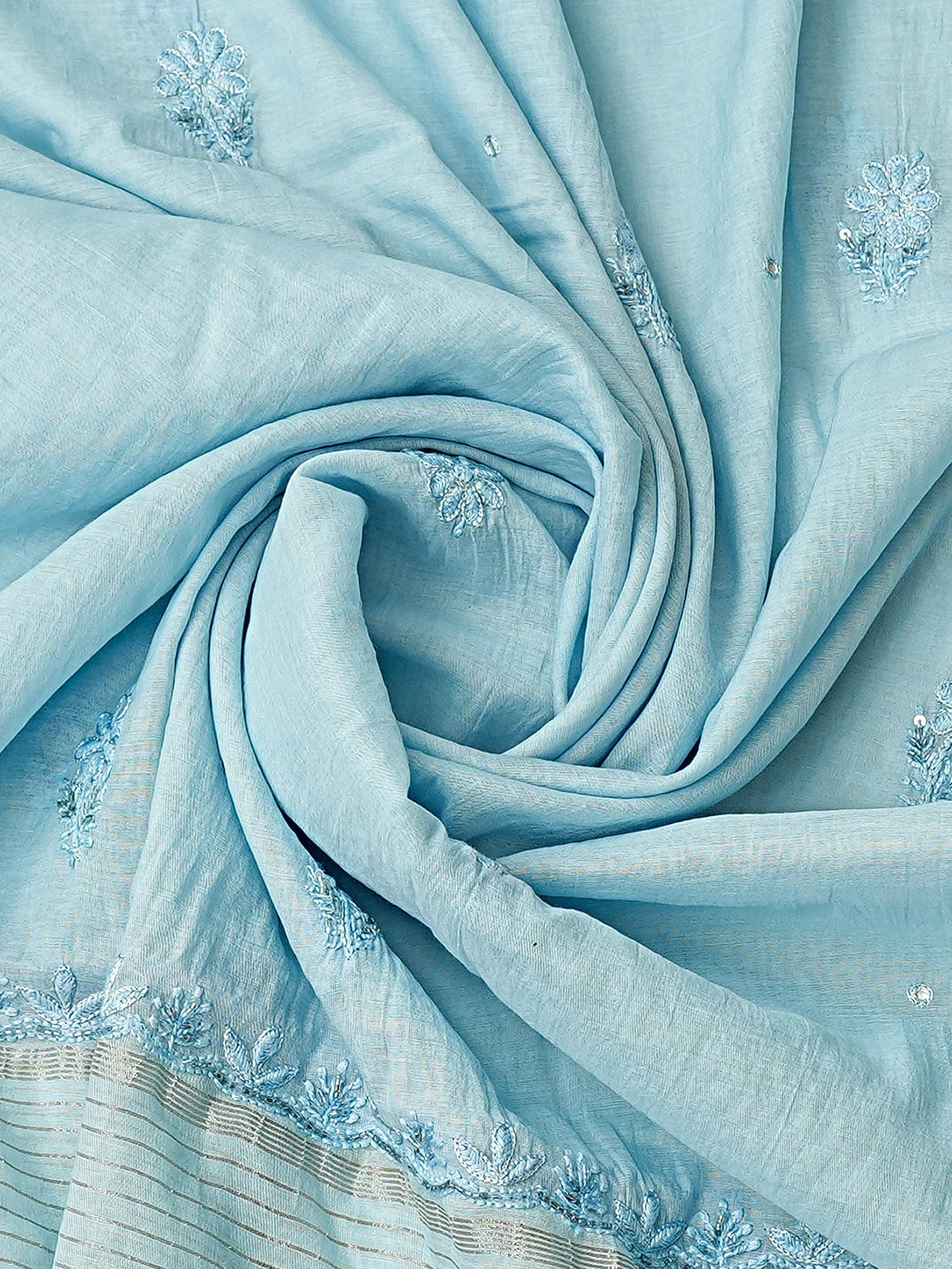 Ada Hand Embroidered Blue Chanderi Lucknowi Chikankari Unstitched Kurta Dupatta Set With Cutdana Work 01A741506