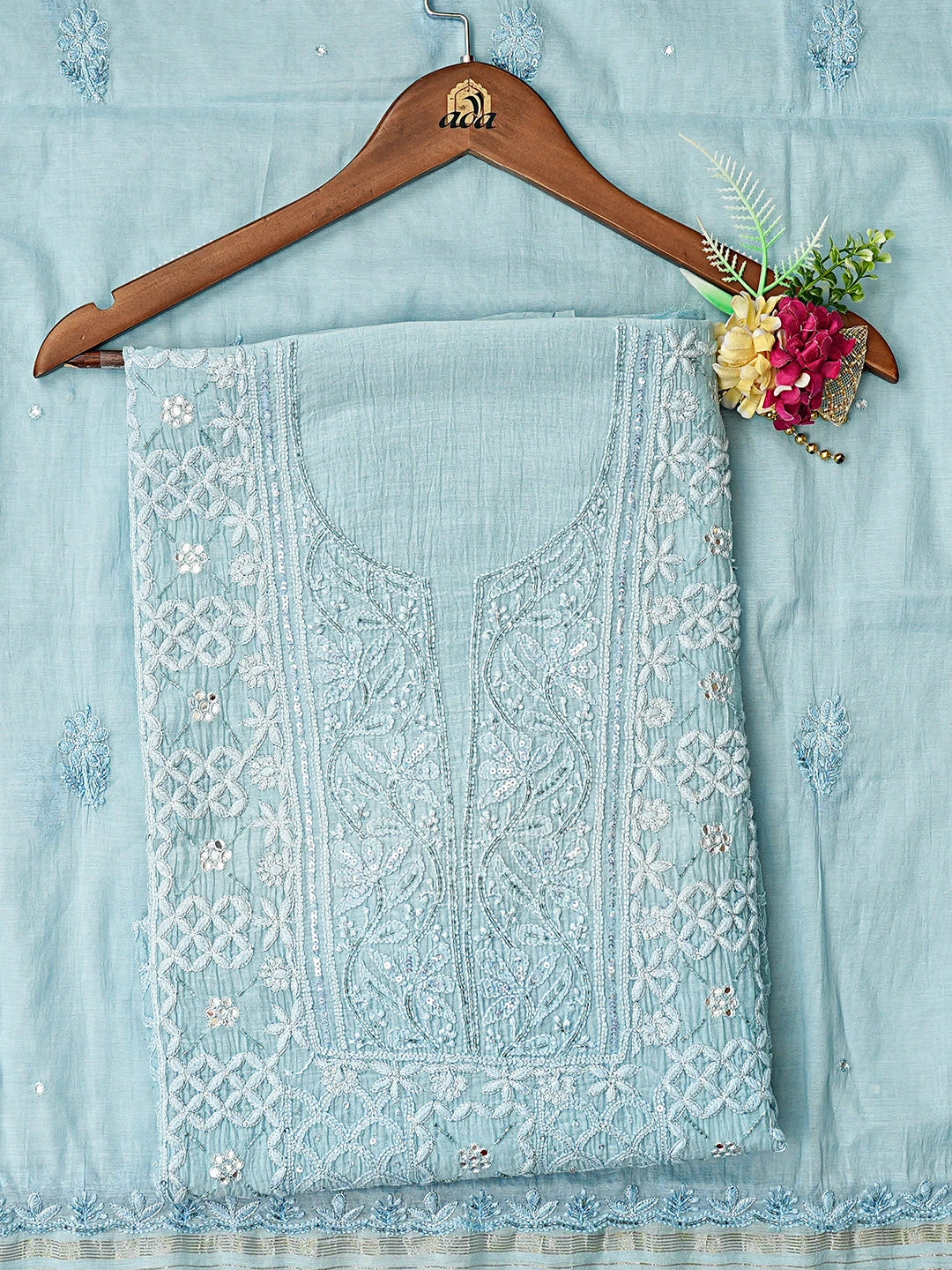 Ada Hand Embroidered Blue Chanderi Lucknowi Chikankari Unstitched Kurta Dupatta Set With Cutdana Work 01A741506