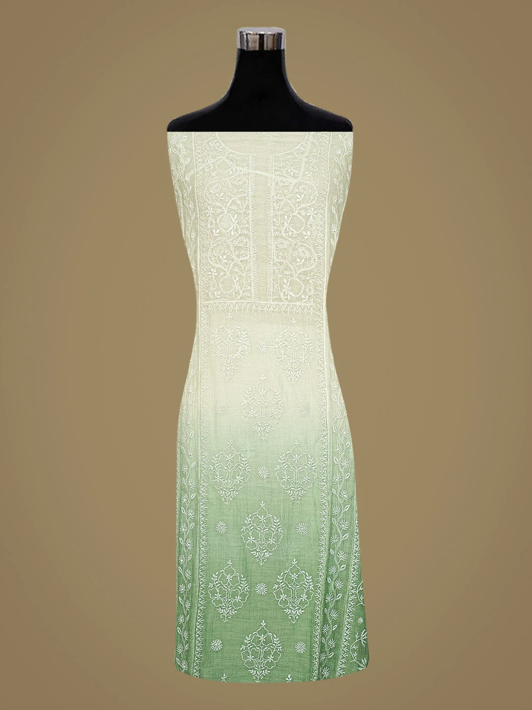 Ada Hand Embroidered Ombre Shade Of Green Chanderi Lucknowi Chikankari Semi-Stitched Kurta Dupatta Set 01A541311