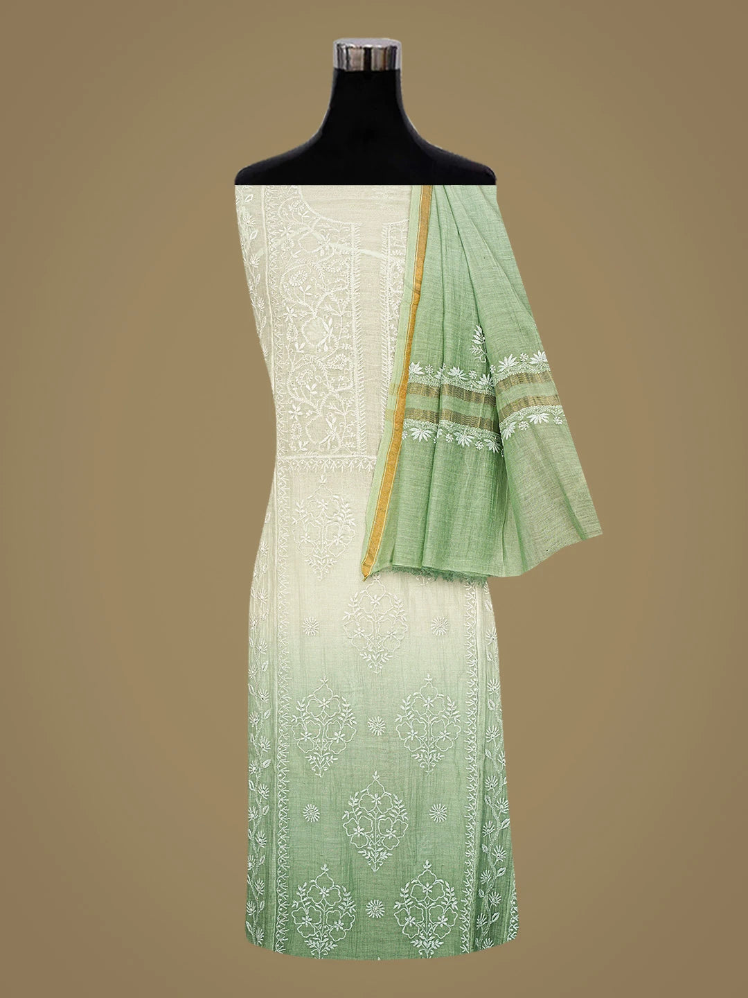 Ada Hand Embroidered Ombre Shade Of Green Chanderi Lucknowi Chikankari Semi-Stitched Kurta Dupatta Set 01A541311