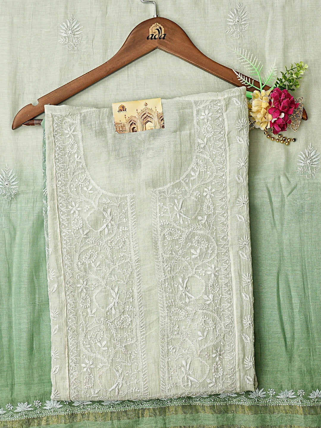Ada Hand Embroidered Ombre Shade Of Green Chanderi Lucknowi Chikankari Semi-Stitched Kurta Dupatta Set 01A541311