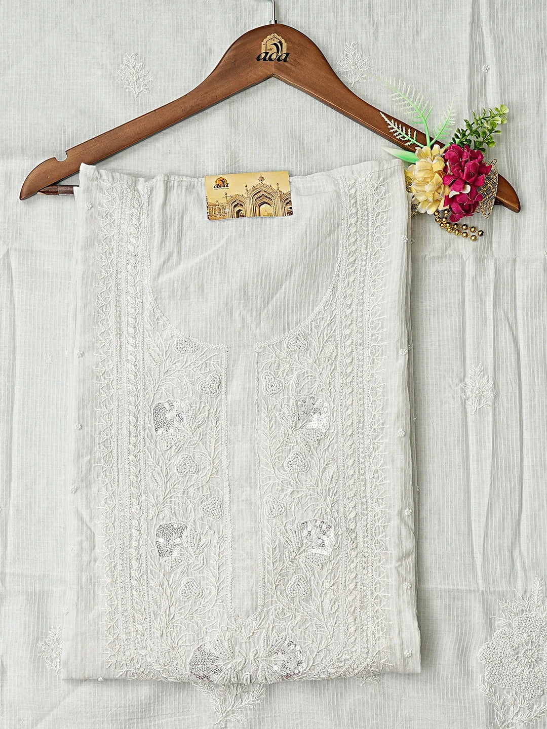 Ada Hand Embroidered Light Grey Chanderi Lucknowi Chikankari Semi-Stitched Kurta Dupatta Set With Cutdana Work 01A581899