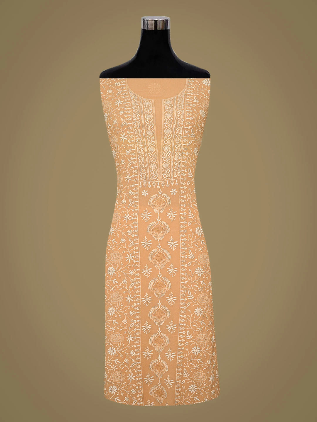 Ada Hand Embroidered Fawn Pure Georgette Lucknowi Chikankari Unstitched Kurta Dupatta Set 01A212063