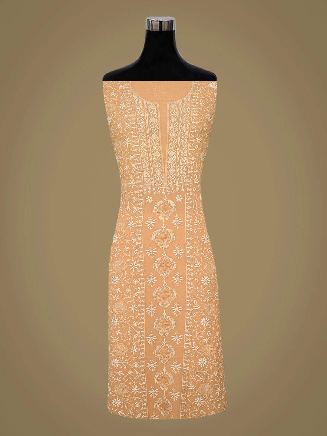 Ada Hand Embroidered Fawn Pure Georgette Lucknowi Chikankari Unstitched Kurta Dupatta Set 01A212063