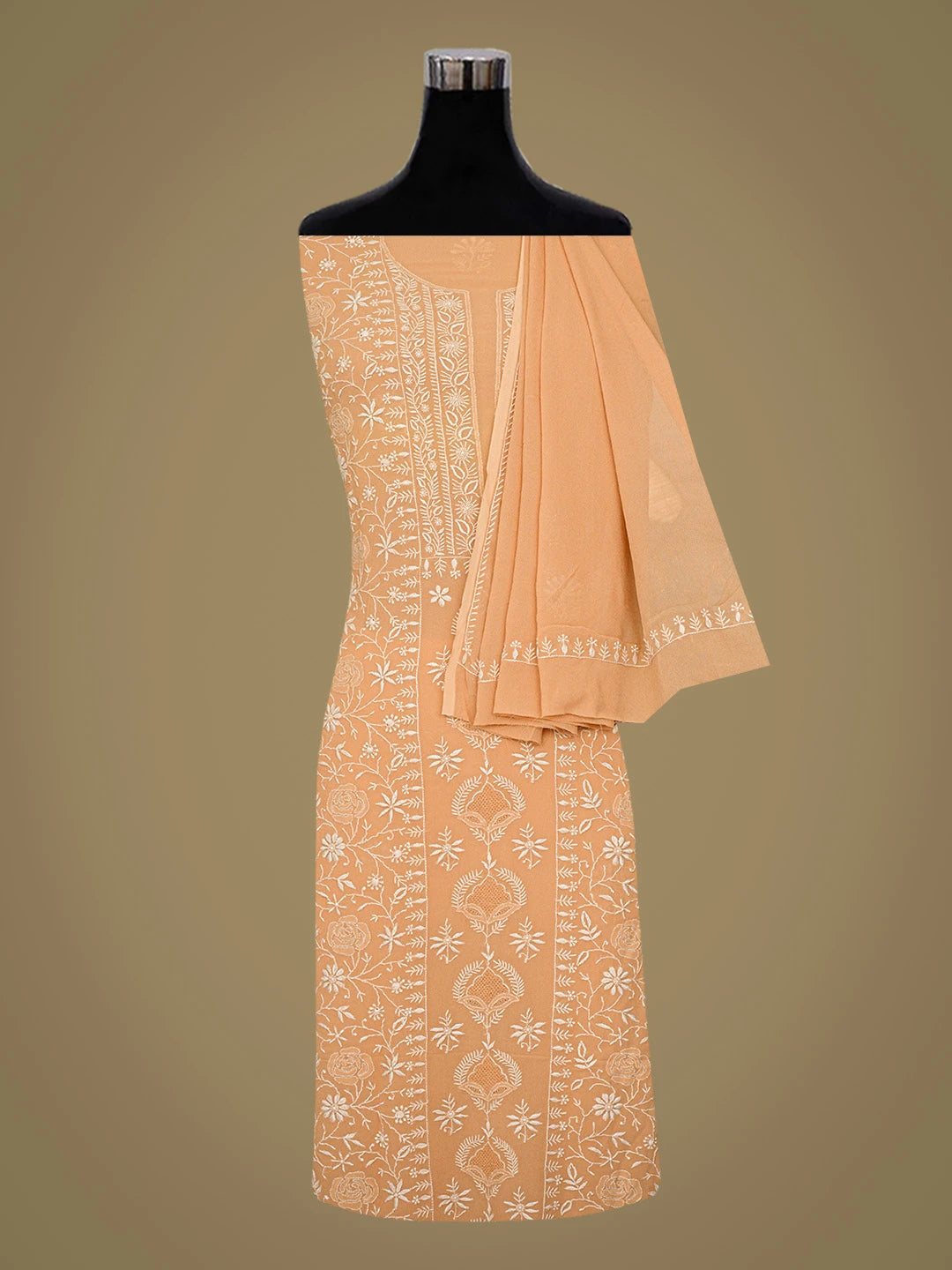 Ada Hand Embroidered Fawn Pure Georgette Lucknowi Chikankari Unstitched Kurta Dupatta Set 01A212063