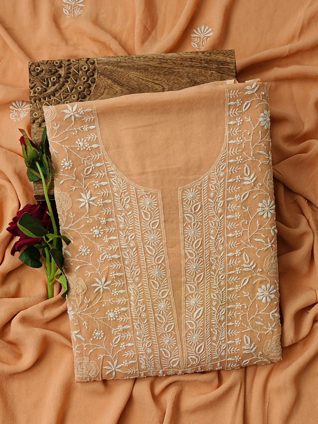 Ada Hand Embroidered Fawn Pure Georgette Lucknowi Chikankari Unstitched Kurta Dupatta Set 01A212063