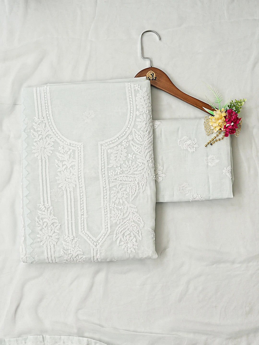 Ada Hand Embroidered Sky Blue Cotton Lucknowi Chikankari Unstitched Suit Piece 01A871568
