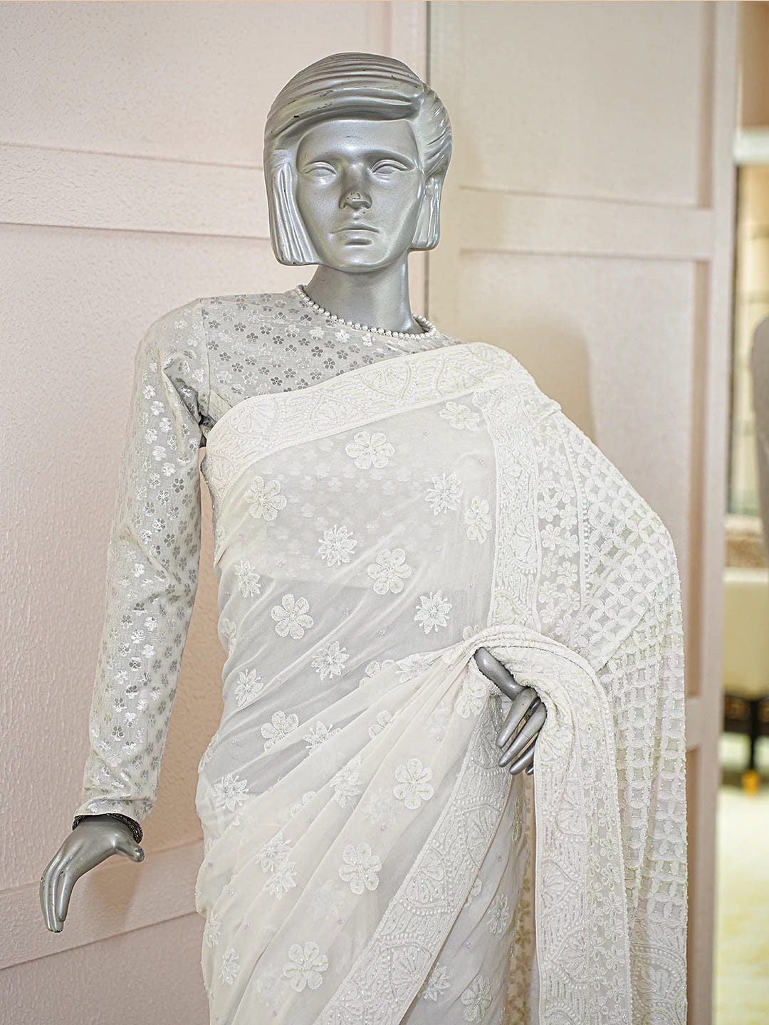 Ada Hand Embroidered White Pure Georgette Lucknowi Chikankari Saree With Blouse With Cutdana Work 01A758841
