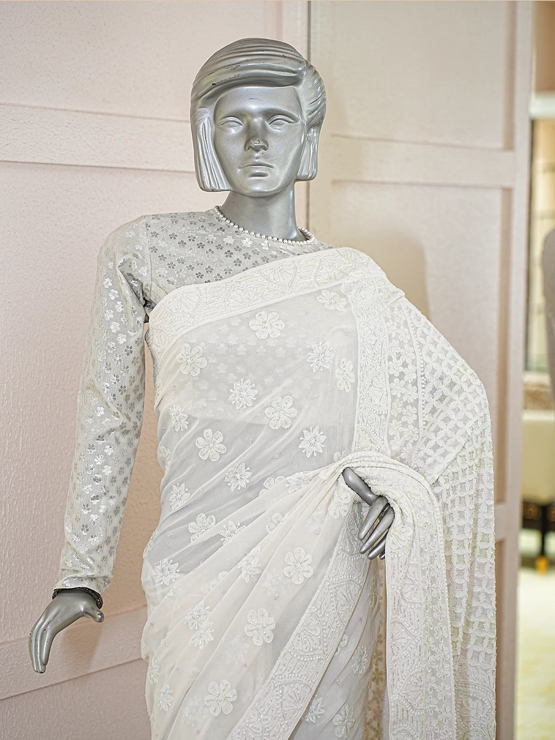 Ada Hand Embroidered White Pure Georgette Lucknowi Chikankari Saree With Blouse With Cutdana Work 01A758841