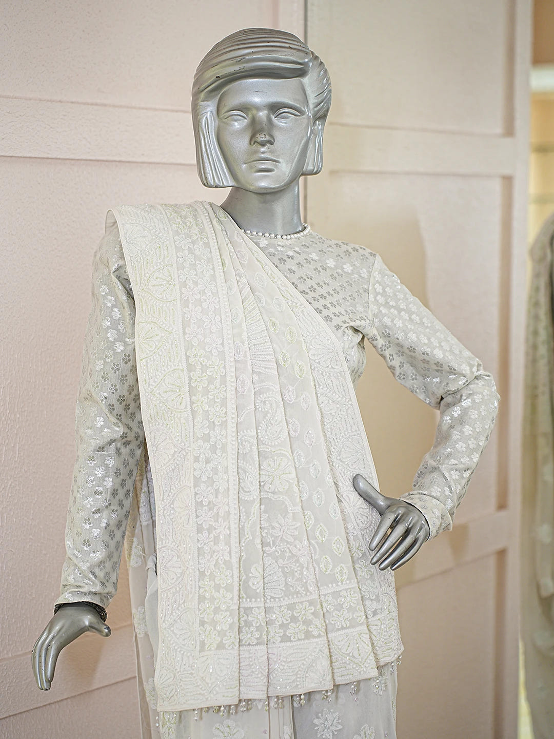 Ada Hand Embroidered White Pure Georgette Lucknowi Chikankari Saree With Blouse With Cutdana Work 01A758841