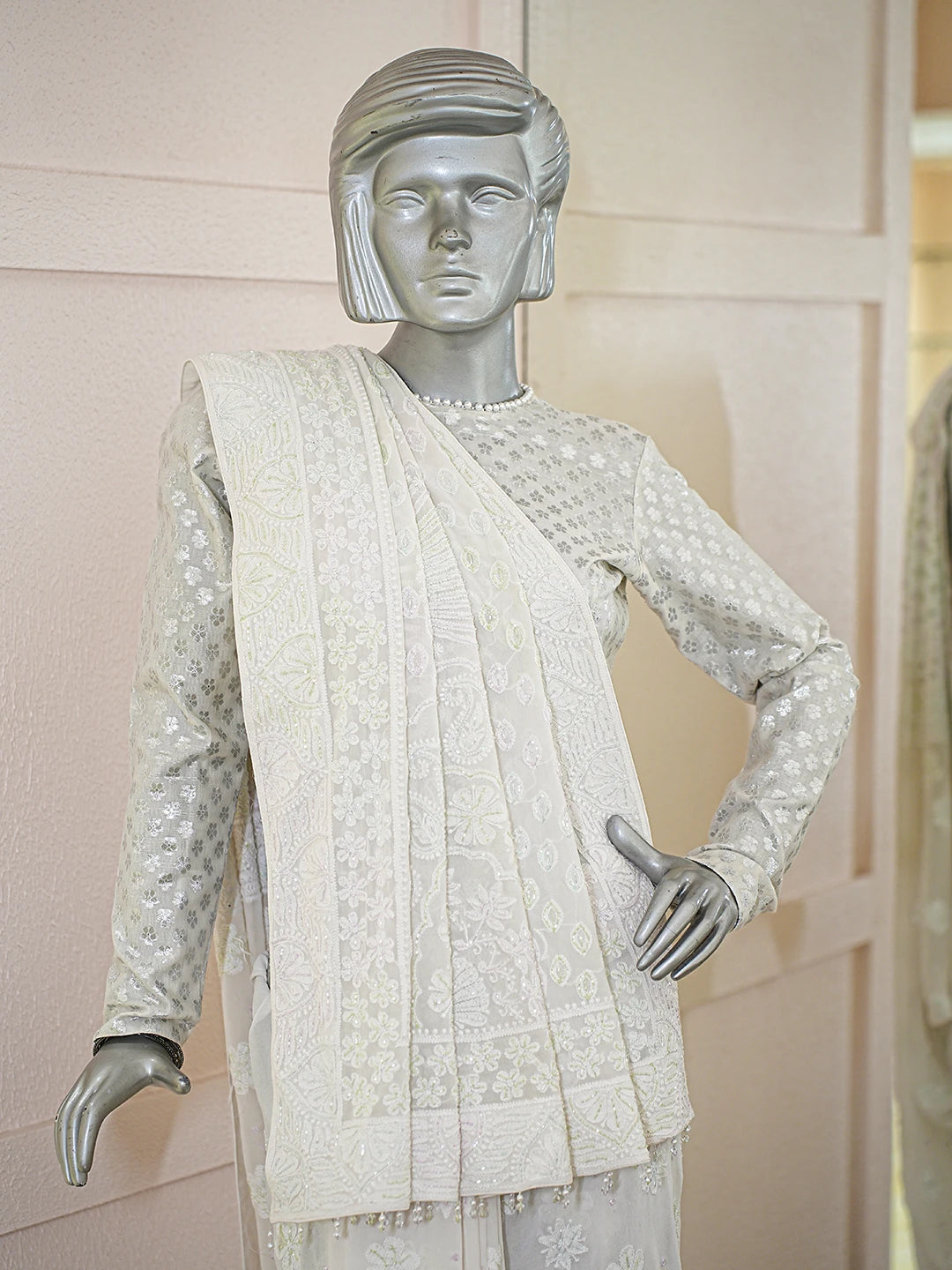 Ada Hand Embroidered White Pure Georgette Lucknowi Chikankari Saree With Blouse With Cutdana Work 01A758841