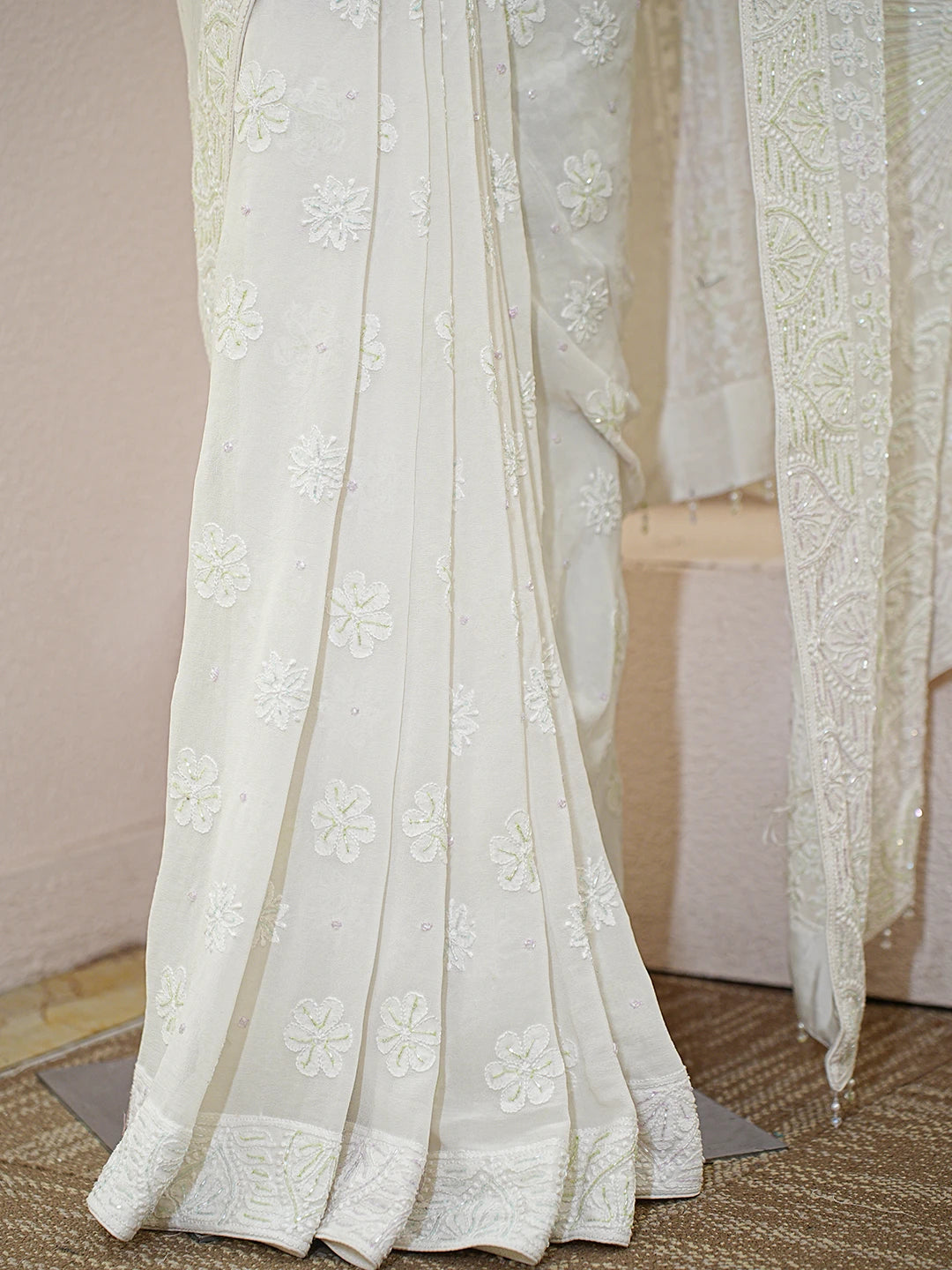 Ada Hand Embroidered White Pure Georgette Lucknowi Chikankari Saree With Blouse With Cutdana Work 01A758841