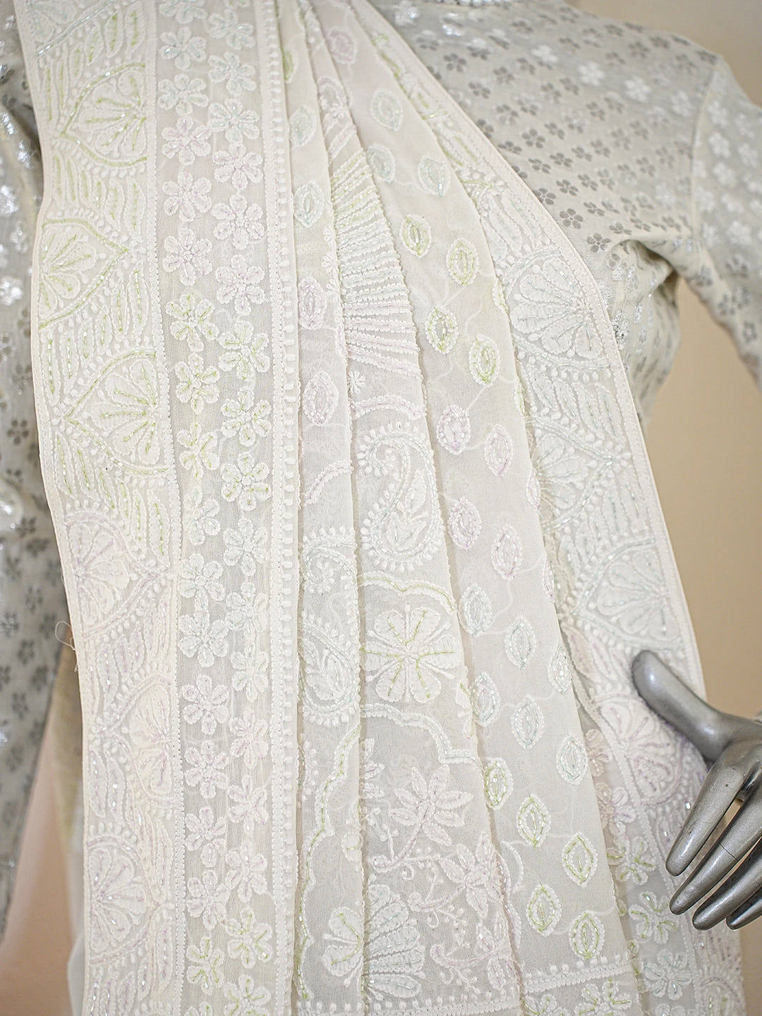 Ada Hand Embroidered White Pure Georgette Lucknowi Chikankari Saree With Blouse With Cutdana Work 01A758841