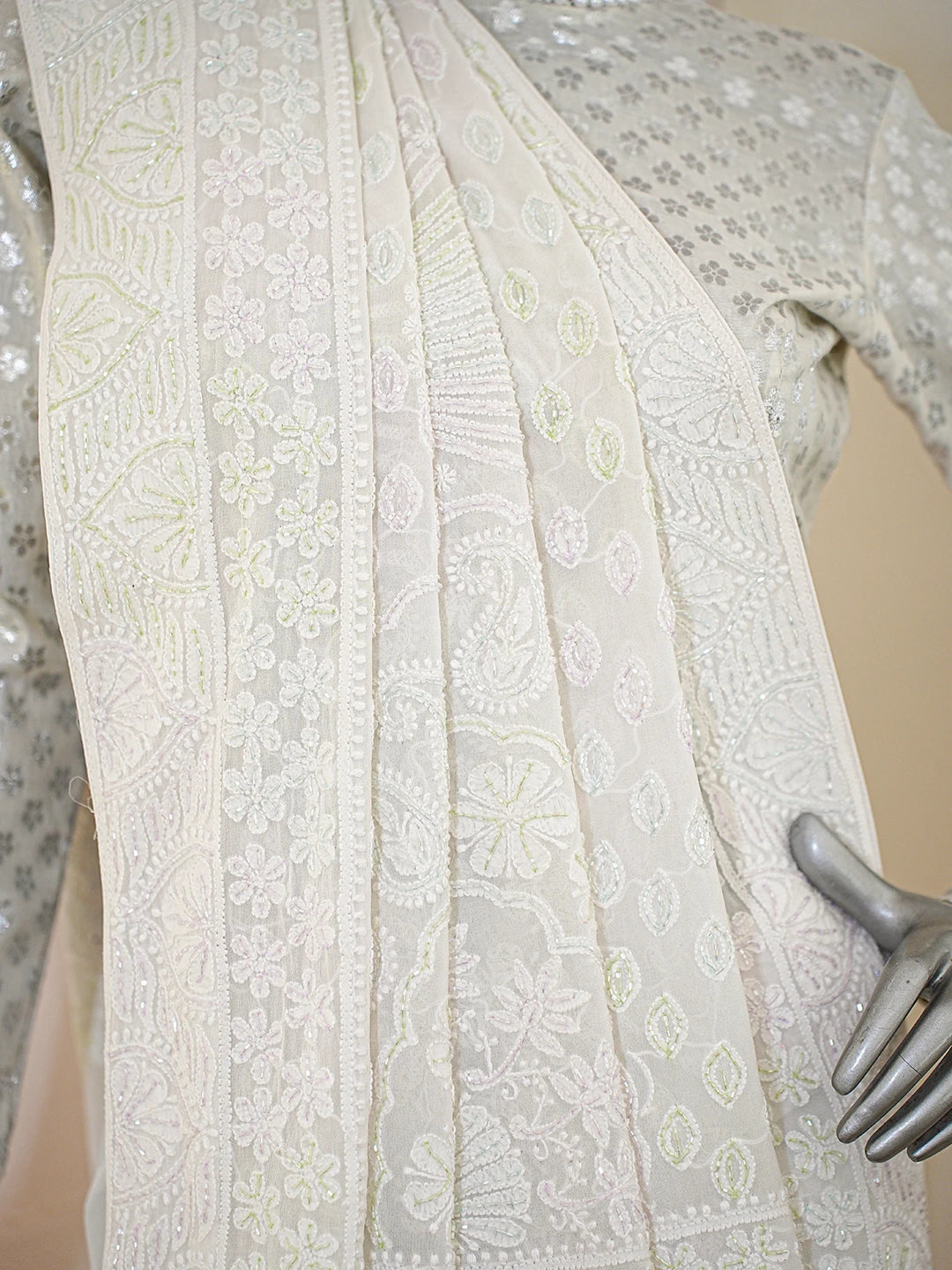 Ada Hand Embroidered White Pure Georgette Lucknowi Chikankari Saree With Blouse With Cutdana Work 01A758841