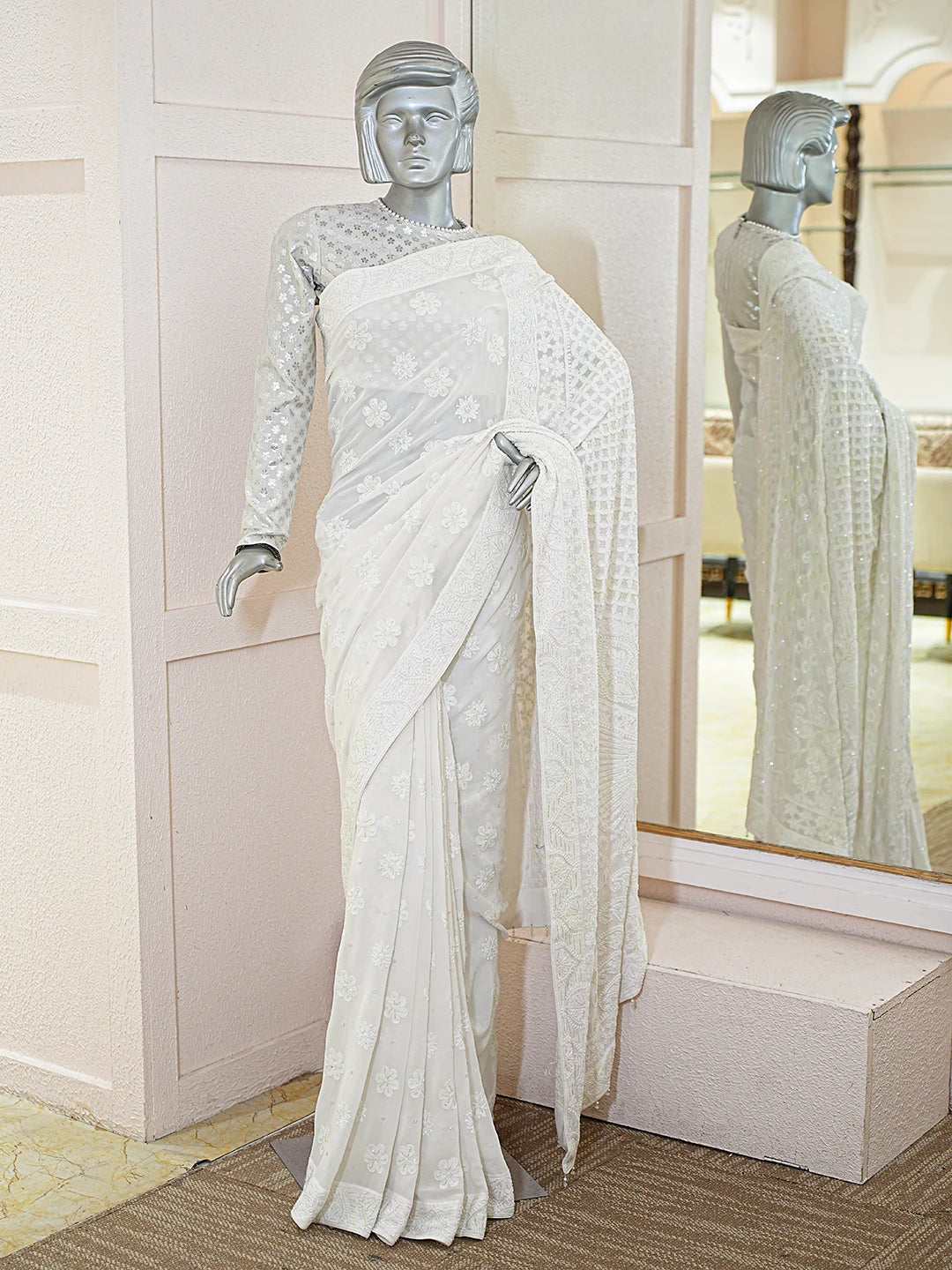 Ada Hand Embroidered White Pure Georgette Lucknowi Chikankari Saree With Blouse With Cutdana Work 01A758841