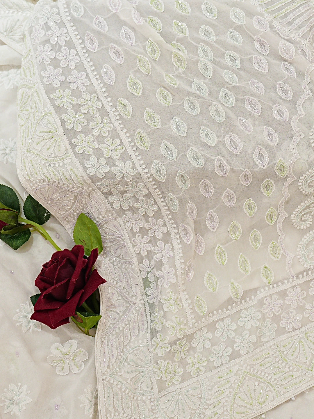 Ada Hand Embroidered White Pure Georgette Lucknowi Chikankari Saree With Blouse With Cutdana Work 01A758841
