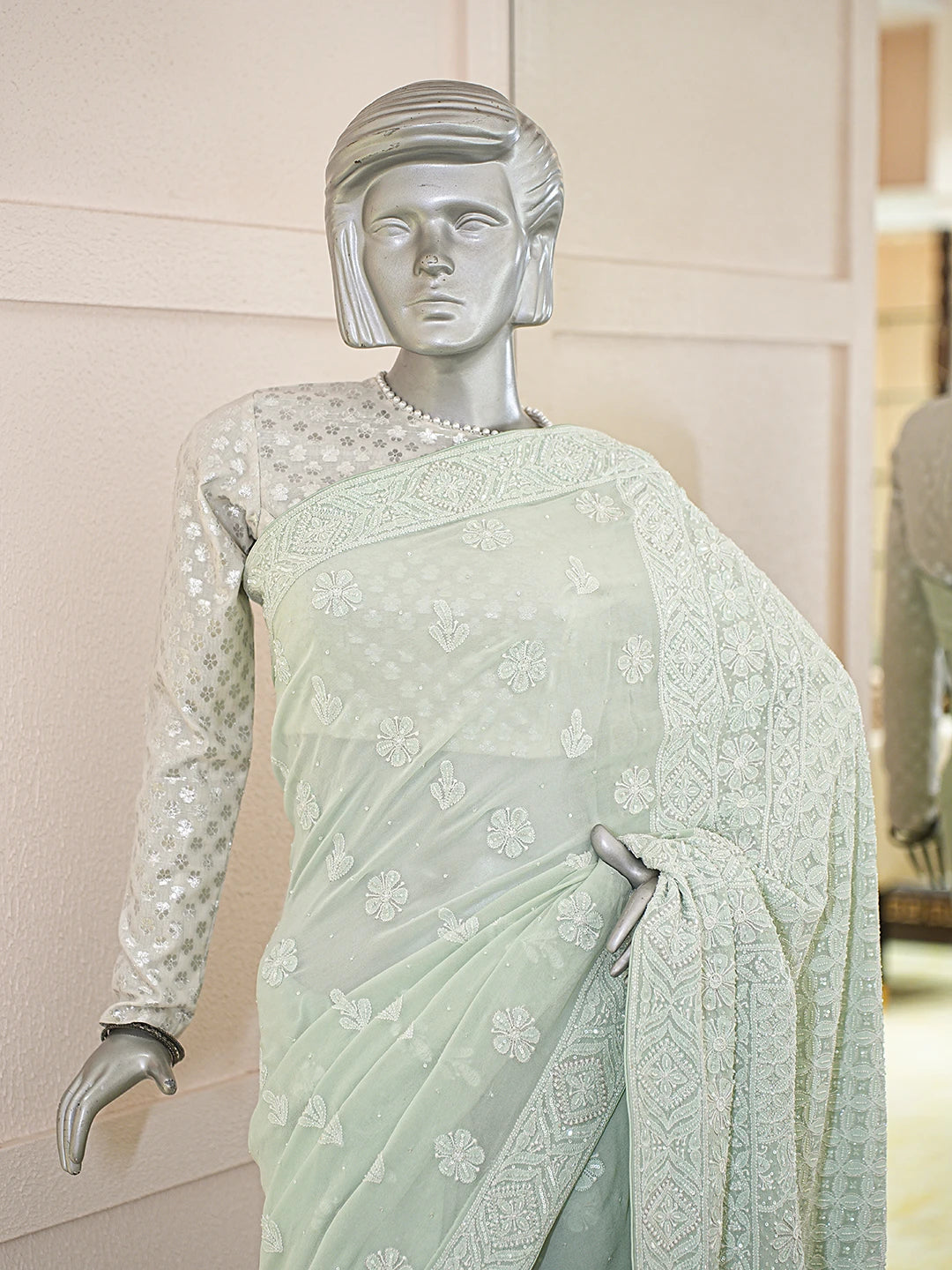 Ada Hand Embroidered Pista Green Pure Georgette Lucknowi Chikankari Saree With Blouse With Cutdana Work 01A790104