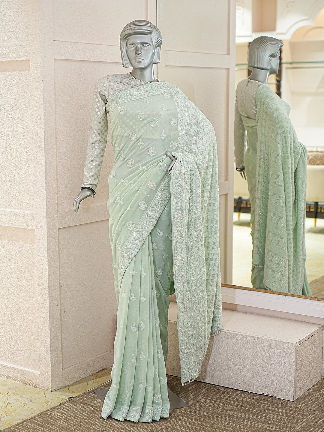 Ada Hand Embroidered Pista Green Pure Georgette Lucknowi Chikankari Saree With Blouse With Cutdana Work 01A790104
