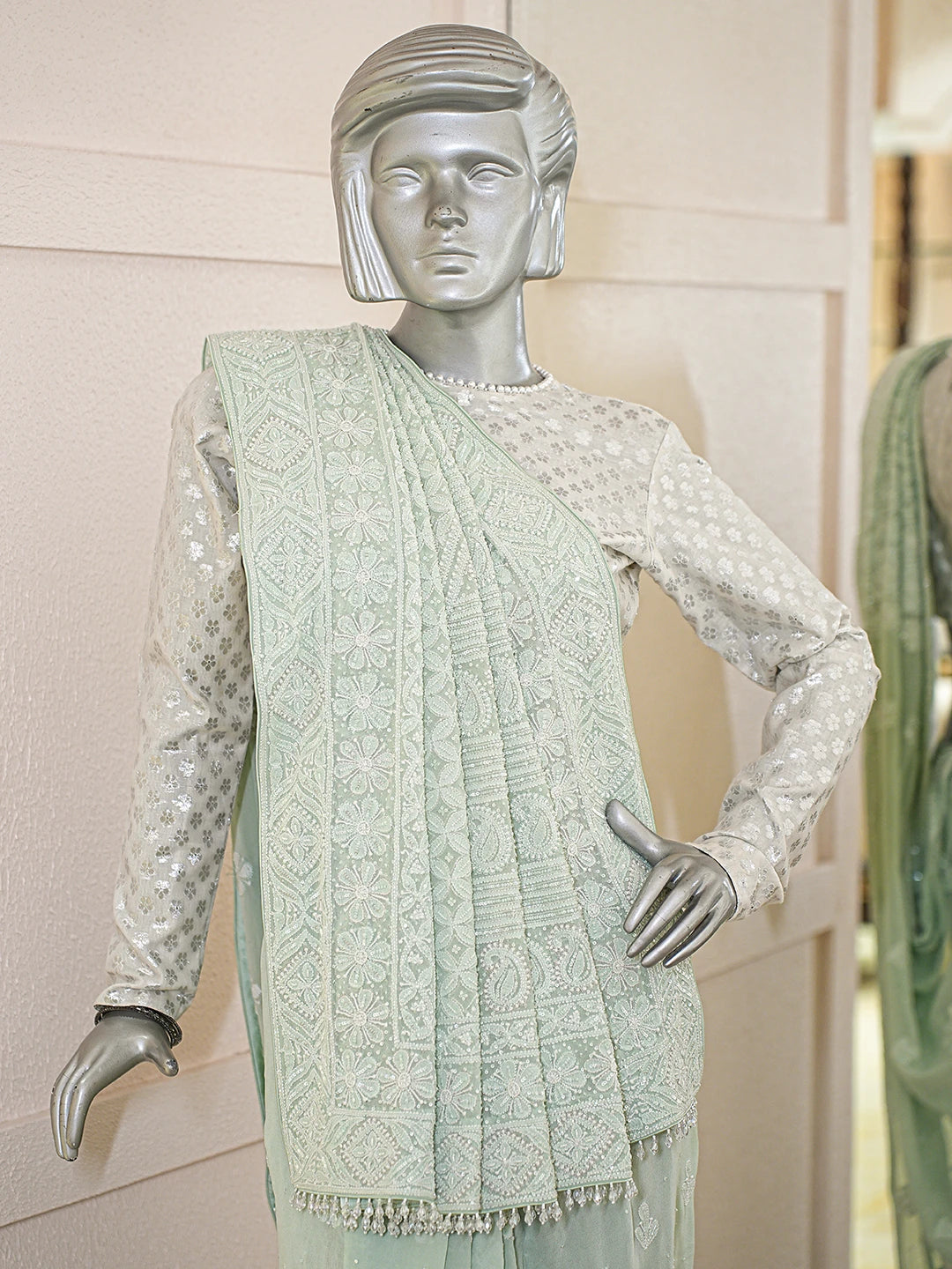 Ada Hand Embroidered Pista Green Pure Georgette Lucknowi Chikankari Saree With Blouse With Cutdana Work 01A790104