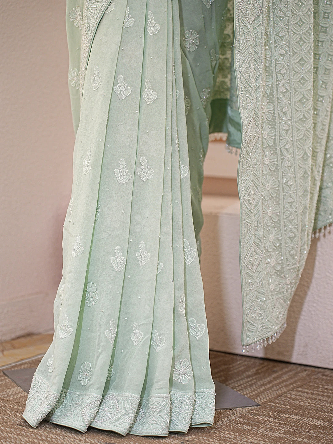Ada Hand Embroidered Pista Green Pure Georgette Lucknowi Chikankari Saree With Blouse With Cutdana Work 01A790104