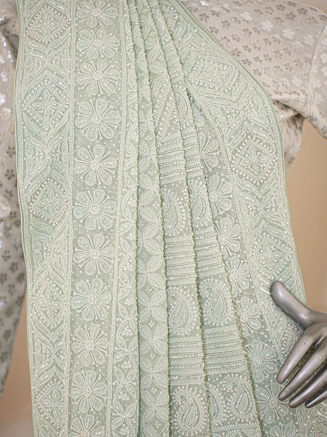 Ada Hand Embroidered Pista Green Pure Georgette Lucknowi Chikankari Saree With Blouse With Cutdana Work 01A790104