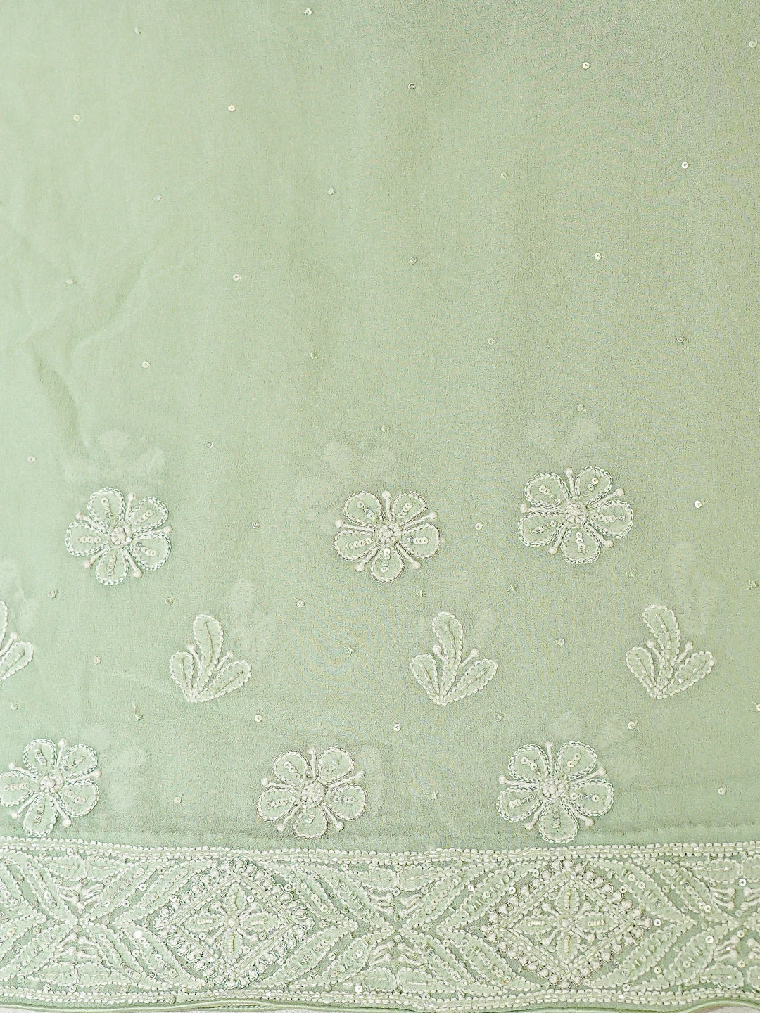Ada Hand Embroidered Pista Green Pure Georgette Lucknowi Chikankari Saree With Blouse With Cutdana Work 01A790104