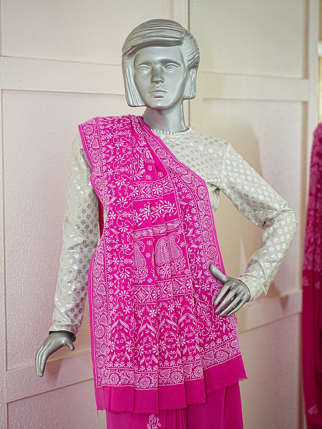 Ada Hand Embroidered Magenta Pure Georgette Lucknowi Chikankari Saree With Blouse 01A785029