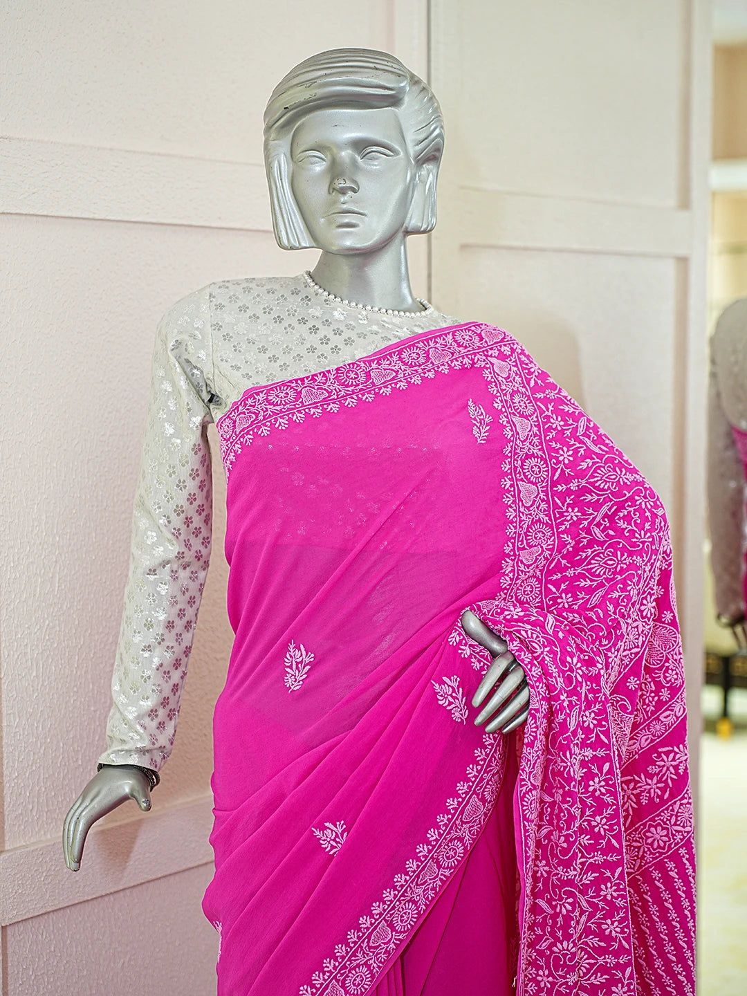Ada Hand Embroidered Magenta Pure Georgette Lucknowi Chikankari Saree With Blouse 01A785029