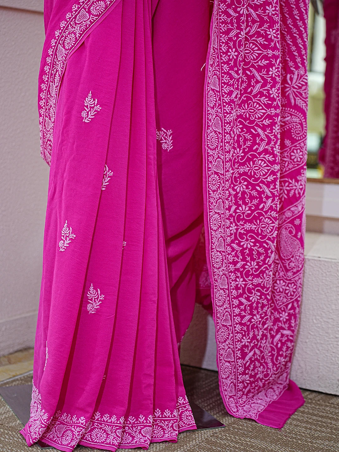 Ada Hand Embroidered Magenta Pure Georgette Lucknowi Chikankari Saree With Blouse 01A785029