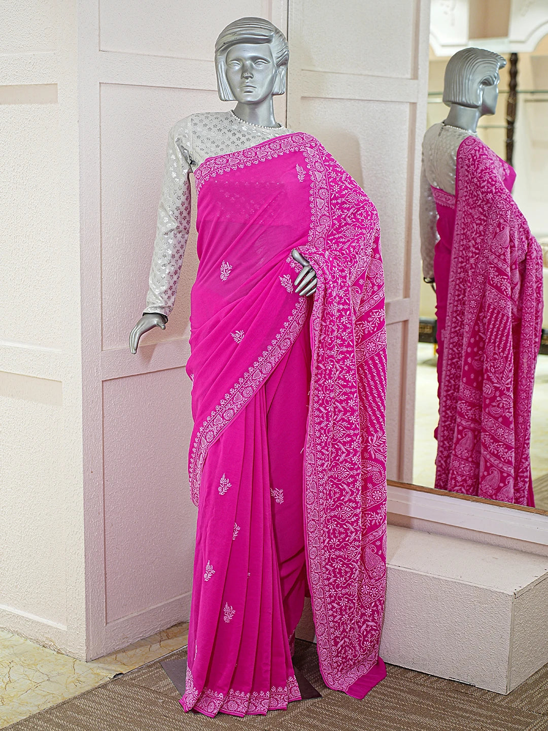 Ada Hand Embroidered Magenta Pure Georgette Lucknowi Chikankari Saree With Blouse 01A785029