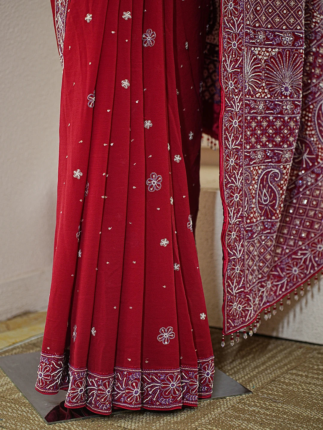 Ada Hand Embroidered Red Pure Georgette Lucknowi Chikankari Saree and Blouse With Cutdana Work 01A395381
