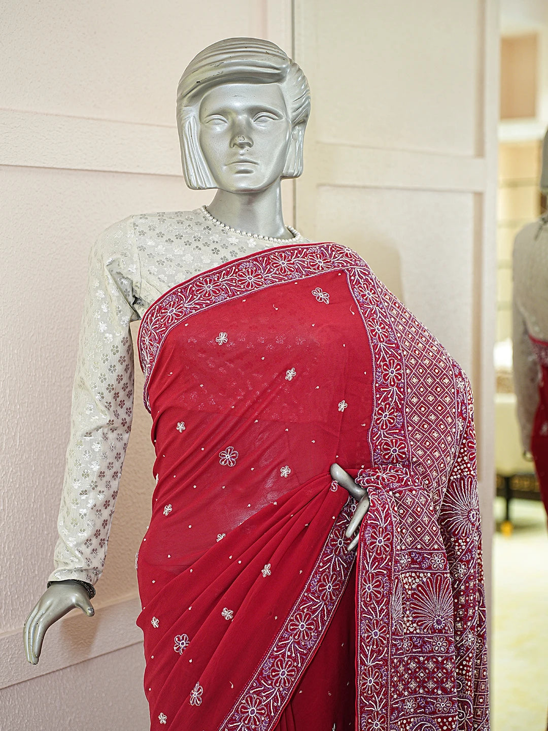 Ada Hand Embroidered Red Pure Georgette Lucknowi Chikankari Saree and Blouse With Cutdana Work 01A395381