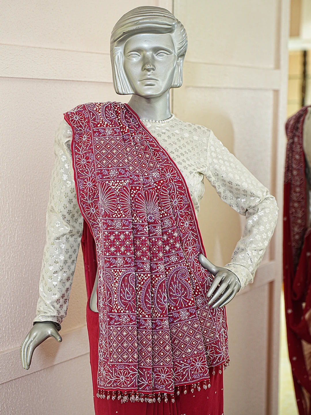 Ada Hand Embroidered Red Pure Georgette Lucknowi Chikankari Saree and Blouse With Cutdana Work 01A395381