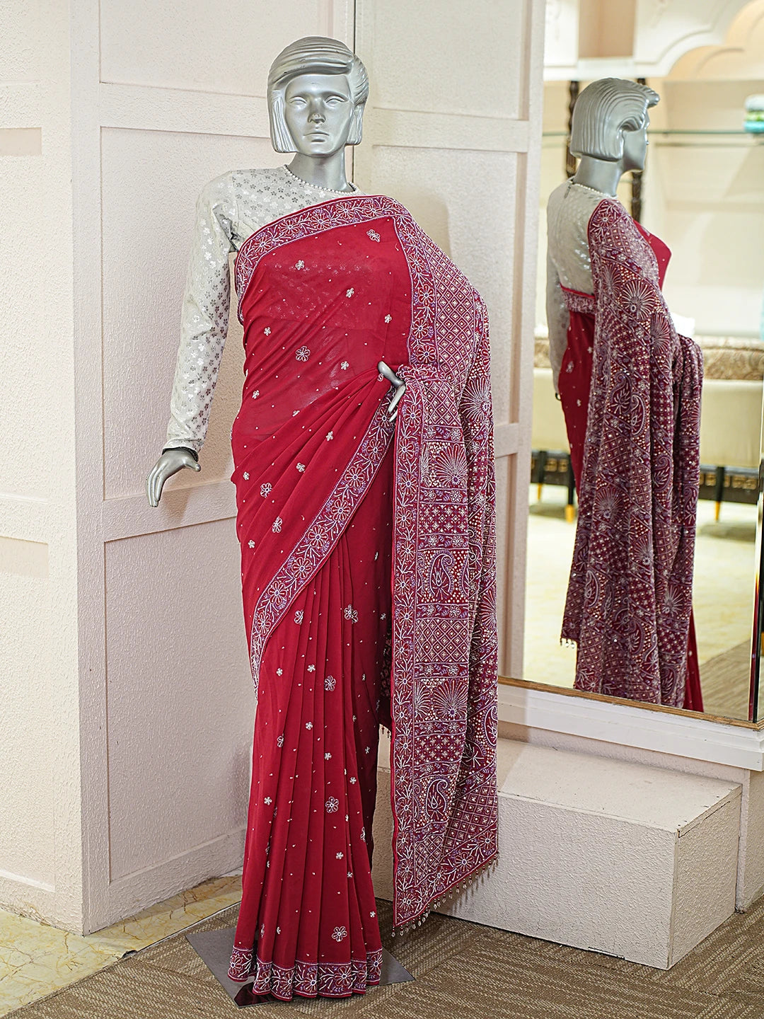 Ada Hand Embroidered Red Pure Georgette Lucknowi Chikankari Saree and Blouse With Cutdana Work 01A395381