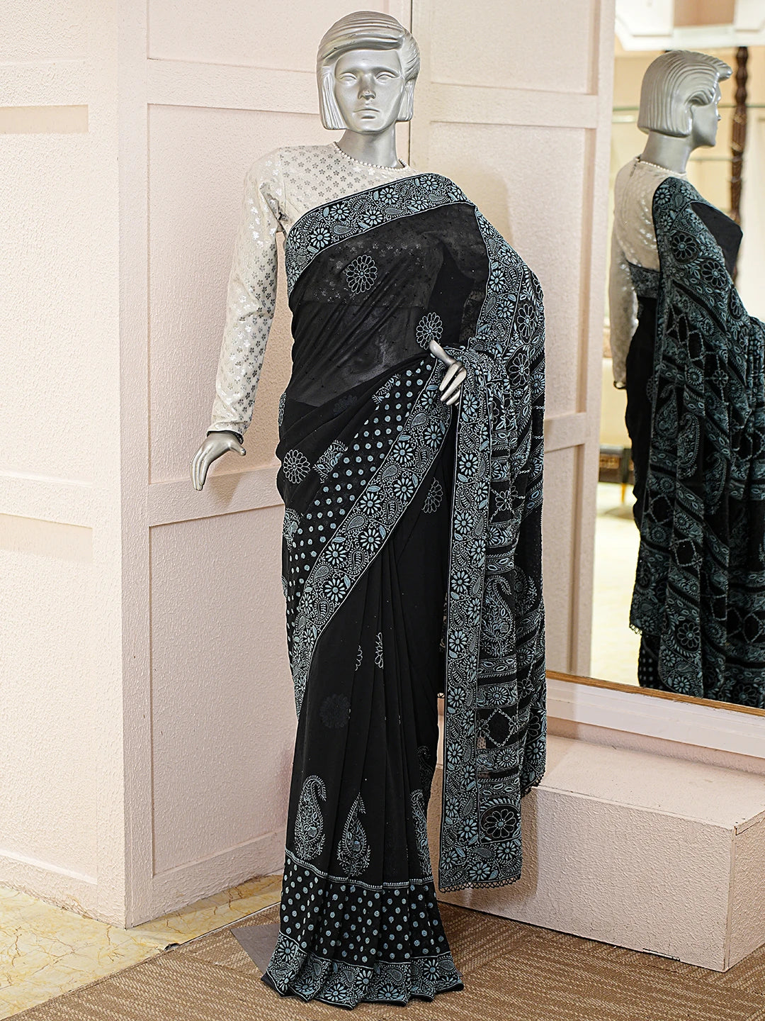 Ada Hand Embroidered Black Pure Georgette Lucknowi Chikankari Saree With Blouse With Cutdana Work 01A727806