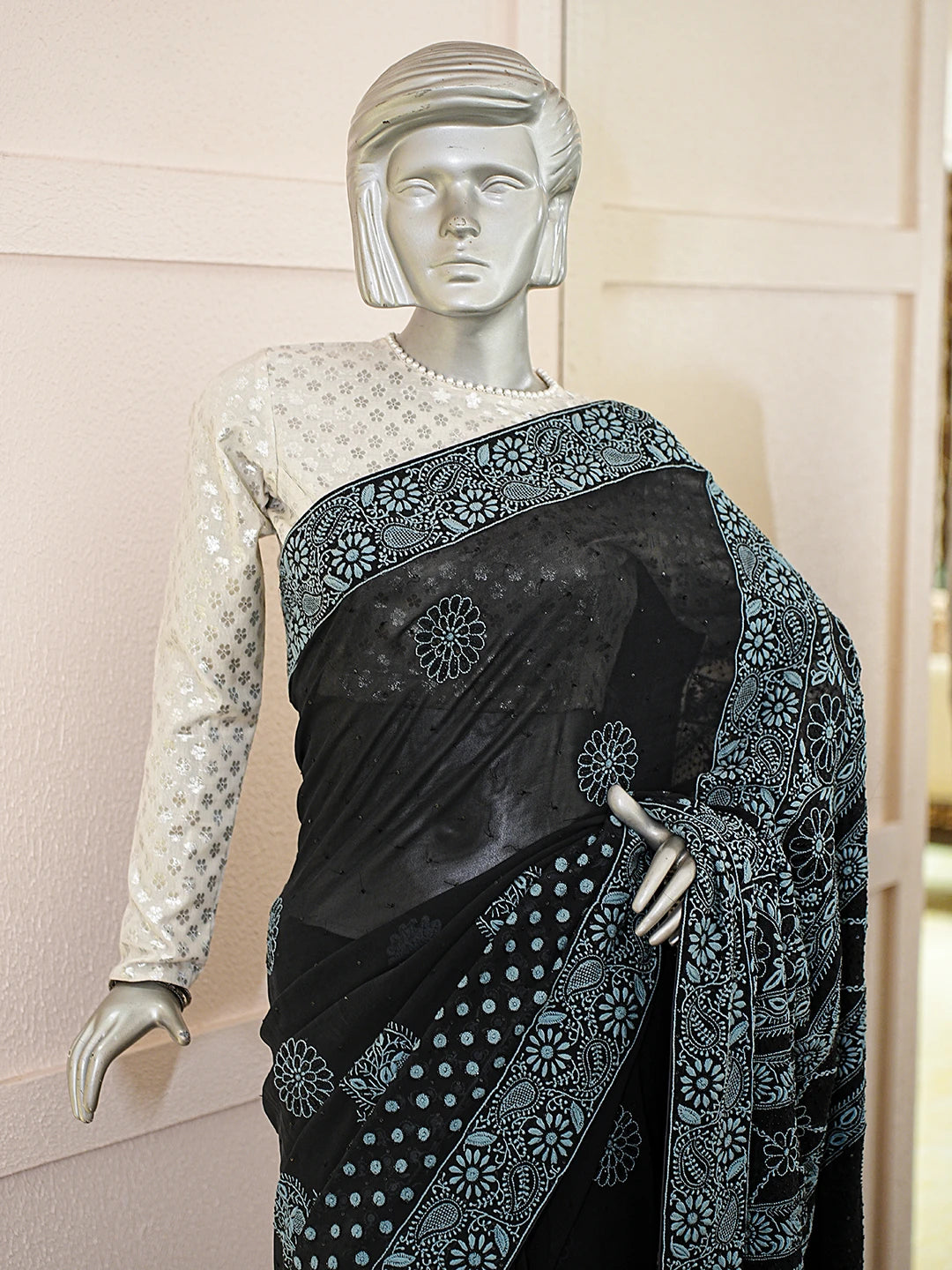 Ada Hand Embroidered Black Pure Georgette Lucknowi Chikankari Saree With Blouse With Cutdana Work 01A727806