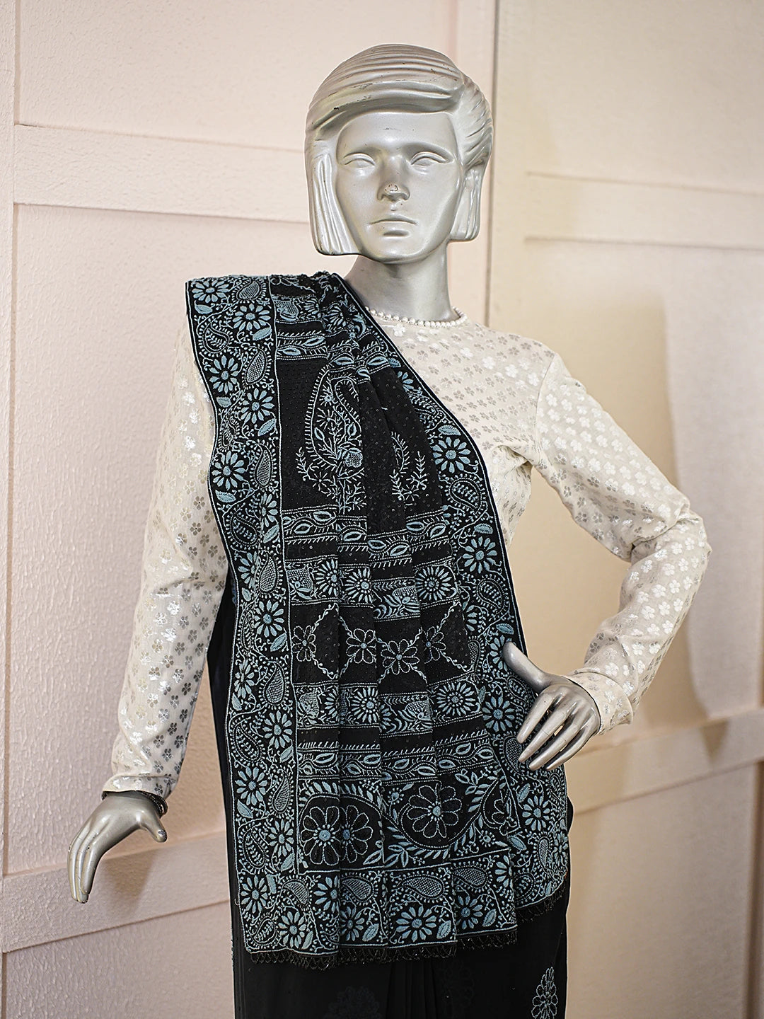 Ada Hand Embroidered Black Pure Georgette Lucknowi Chikankari Saree With Blouse With Cutdana Work 01A727806