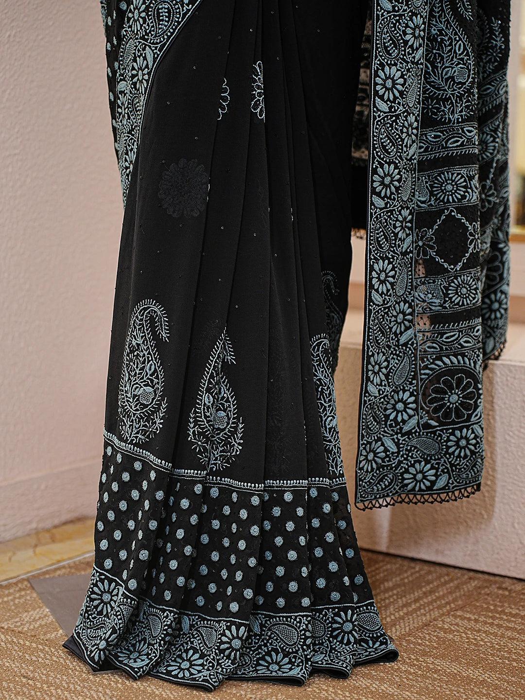 Ada Hand Embroidered Black Pure Georgette Lucknowi Chikankari Saree With Blouse With Cutdana Work 01A727806
