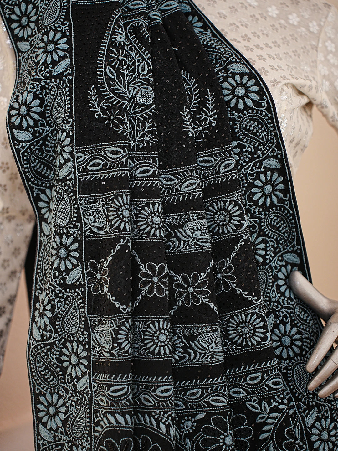 Ada Hand Embroidered Black Pure Georgette Lucknowi Chikankari Saree With Blouse With Cutdana Work 01A727806