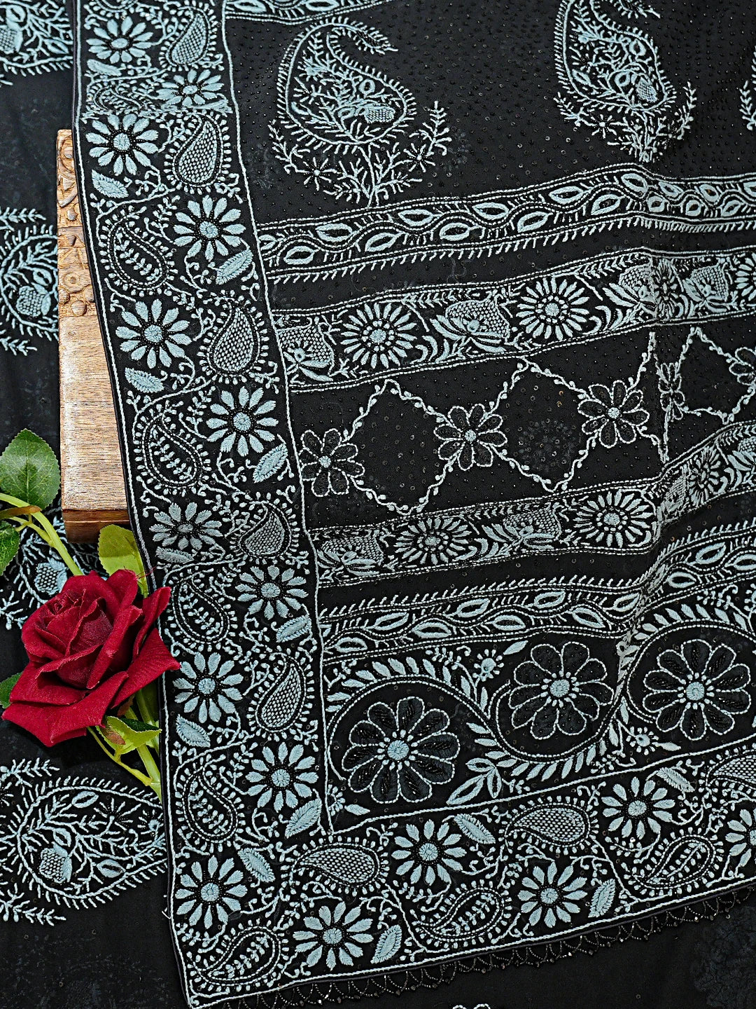 Ada Hand Embroidered Black Pure Georgette Lucknowi Chikankari Saree With Blouse With Cutdana Work 01A727806