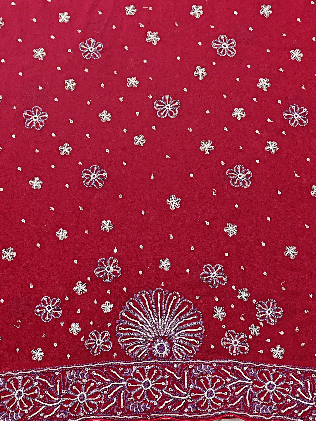 Ada Hand Embroidered Red Pure Georgette Lucknowi Chikankari Saree and Blouse With Cutdana Work 01A395381