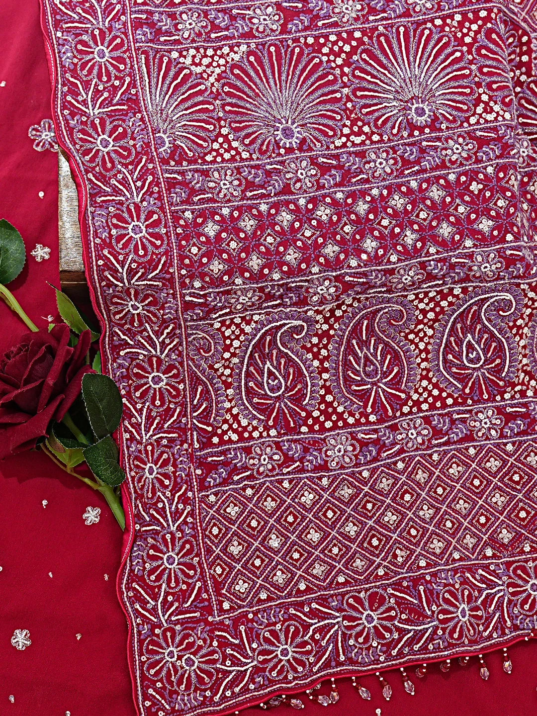 Ada Hand Embroidered Red Pure Georgette Lucknowi Chikankari Saree and Blouse With Cutdana Work 01A395381