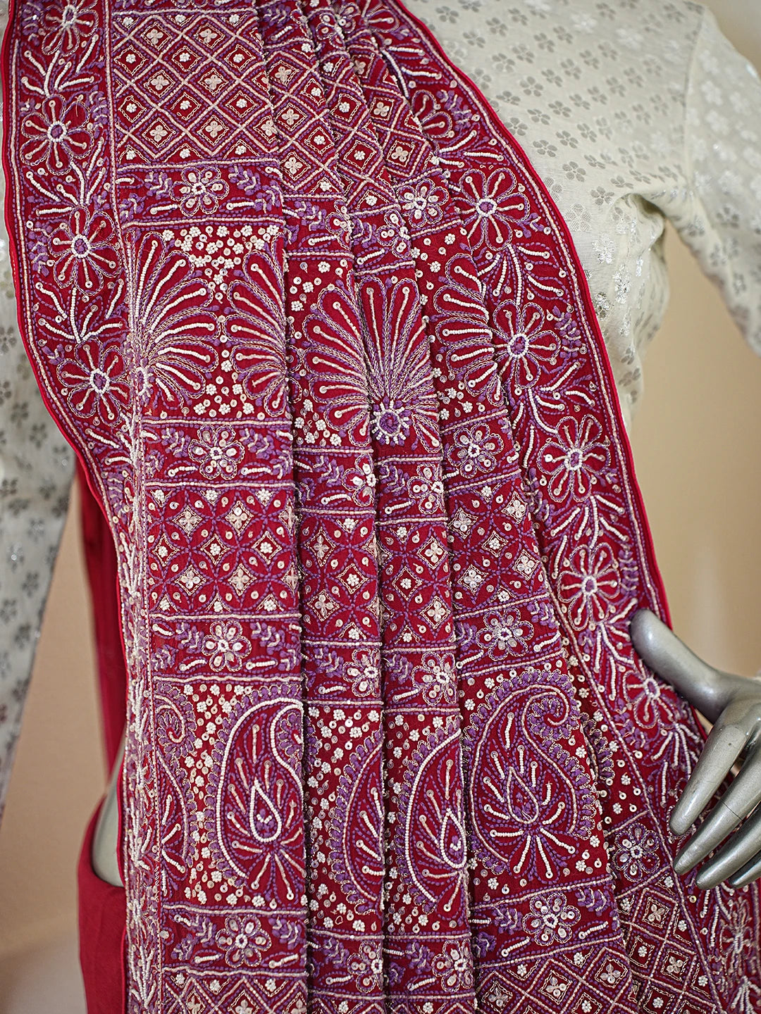 Ada Hand Embroidered Red Pure Georgette Lucknowi Chikankari Saree and Blouse With Cutdana Work 01A395381