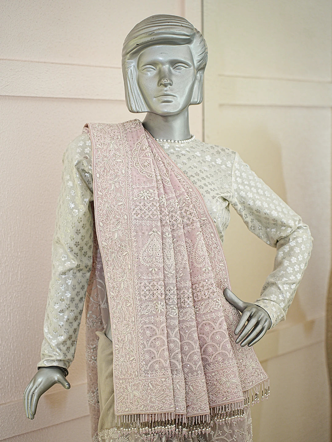 Ada Hand Embroidered Ombre Shade of Pink & Grey Pure Georgette Lucknowi Chikankari Saree With Blouse With Pearl Work A47571
