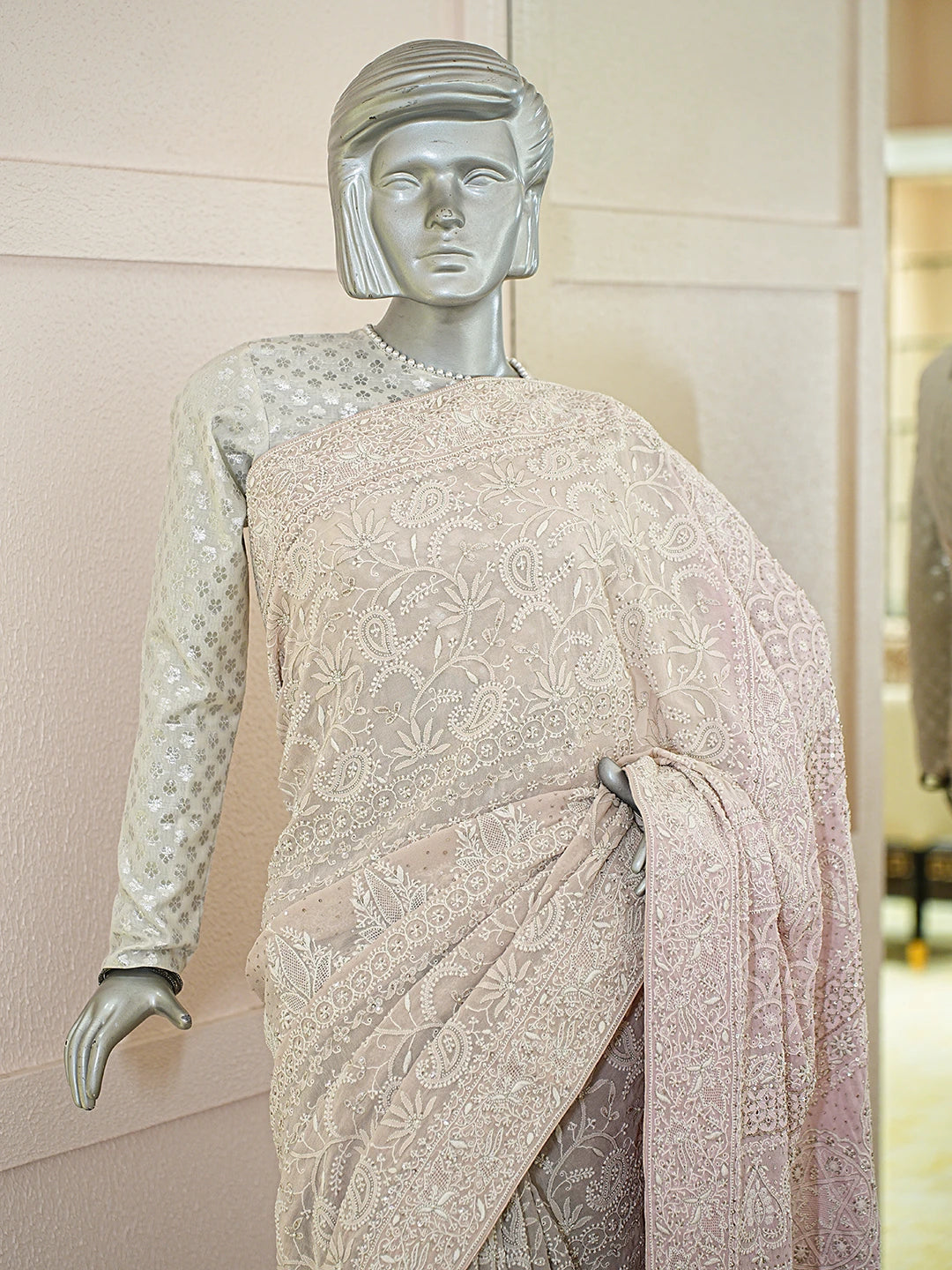 Ada Hand Embroidered Ombre Shade of Pink & Grey Pure Georgette Lucknowi Chikankari Saree With Blouse With Pearl Work A47571