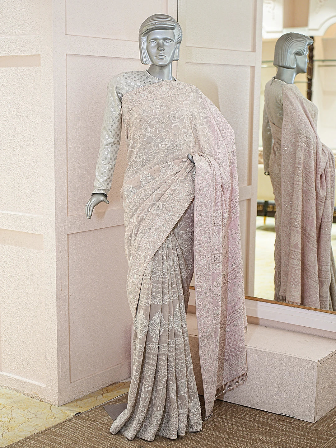 Ada Hand Embroidered Ombre Shade of Pink & Grey Pure Georgette Lucknowi Chikankari Saree With Blouse With Pearl Work A47571